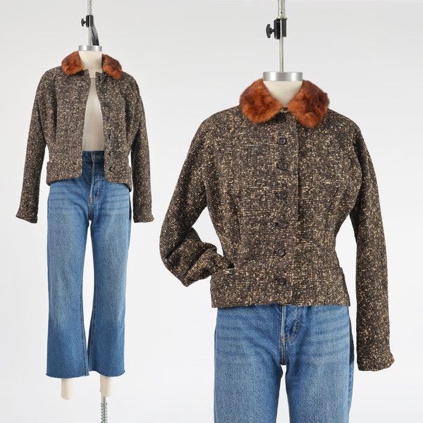 Tweed Wool Jacket 50s Vintage Hourglass Nipped Waist Fur Collared Jacket Black and Brown size S M