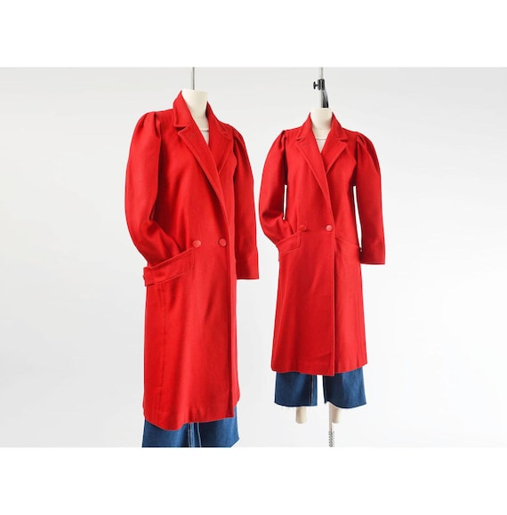 80s Red Wool Coat XS S | Vintage Double Breasted Puff Sleeve Long