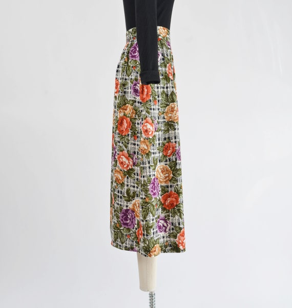 Plaid Floral Skirt size M L | 80s Vintage Black a… - image 4
