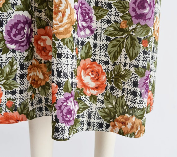 Plaid Floral Skirt size M L | 80s Vintage Black a… - image 3