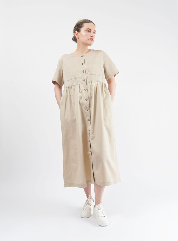 Khaki Cotton Dress 90s Vintage Short Sleeve Butto… - image 3