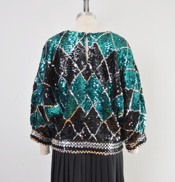 Harlequin Sequin Blouse | 70s 80s Vintage Dolman … - image 4