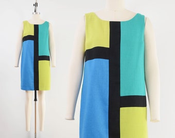 Color Block Dress | 90s Vintage Mod Shift Dress Sleeveless Mondrian Mini Dress Green Blue Black