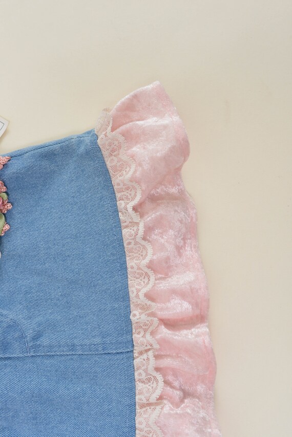 Vintage 90s Denim Lace Rosette Ruffle Jean Mini S… - image 5