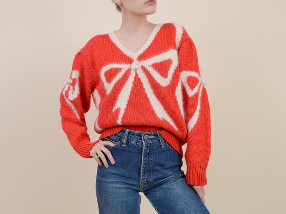 Vintage 80s Beaded BOW Sweater | Red and Cream Puf