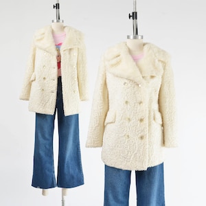 60s Cream Faux Fur Coat size S M | Vintage Persian Lamb Retro Mod Jacket 1960s Double Breasted Coat