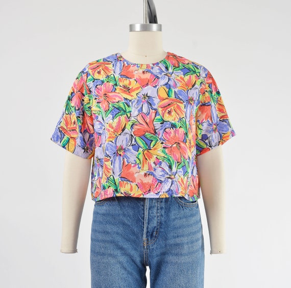 Colorful Floral Blouse 90s Vintage Silky Painterl… - image 3