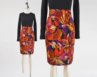 Abstract Floral Pencil Skirt 80s Vintage High Waisted Fitted Wiggle Skirt Gold Print size XS