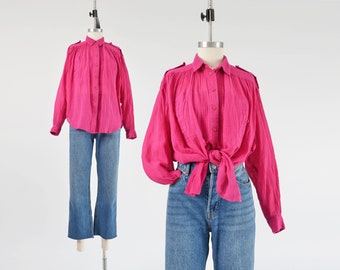 Pink Cotton Gauze Blouse 80s Vintage Airy Draped Fit Collared Button Down Boho Chic Long Sleeve Shirt