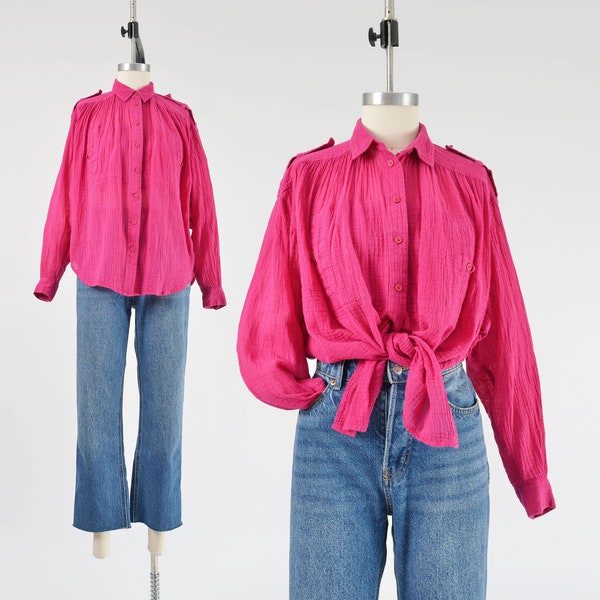 Pink Cotton Gauze Blouse 80s Vintage Airy Draped Fit Collared Button Down Boho Chic Long Sleeve Shirt