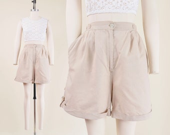 Vintage 80s Minimal Tan Shorts High Waisted Pleated Front Cotton Ramie Bermuda Shorts size M