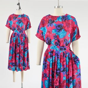Floral Skirt and Top Set size Medium | Vintage 80s Boho Two Piece Sheer Blouse | Full Pleated Midi Skirt with Pockets Pink and Blue
