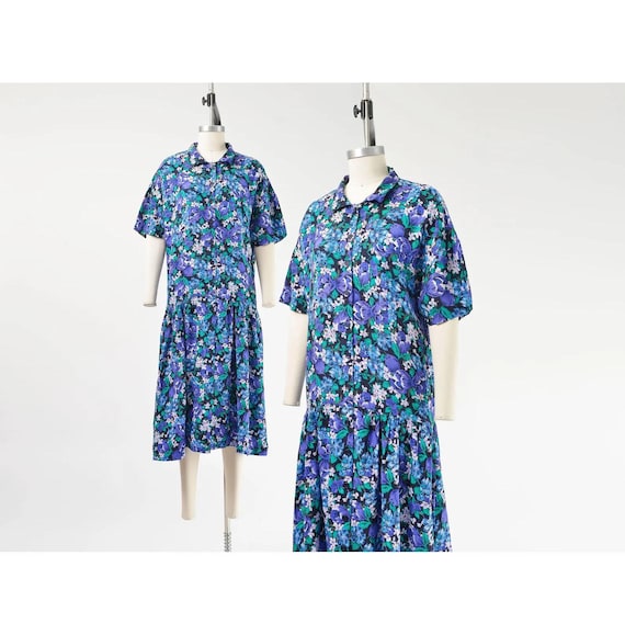 90年代風花柄シャツワンピース M L | ヴィンテージブルーパープル 