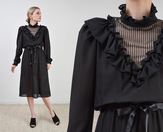 Vintage 70s Black Ruffle Puff Sleeve Sheer Neck Bl
