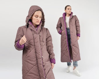 Mauve Purple Puffer Coat 80s Vintage Long Full Length Quilted Jacket with Detachable Hood size XS S
