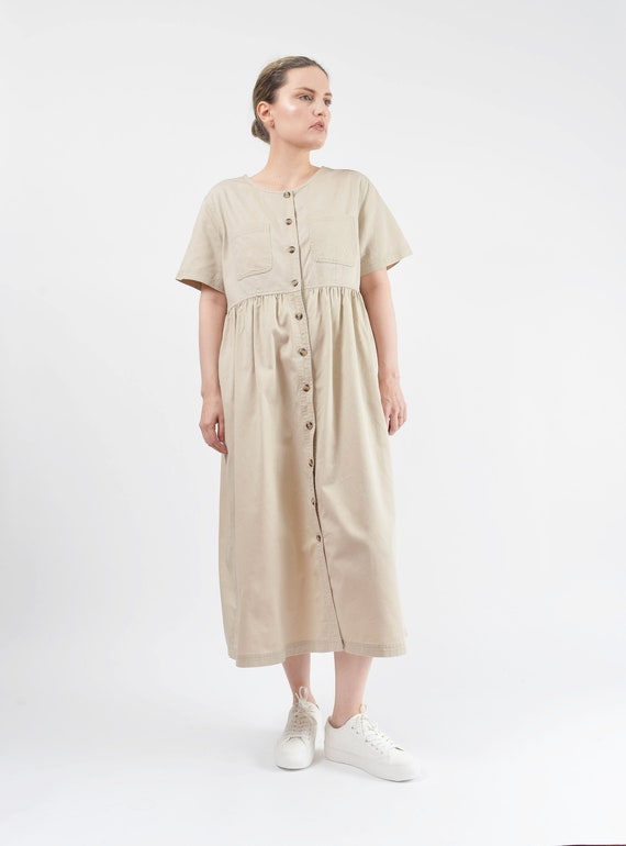 Khaki Cotton Dress 90s Vintage Short Sleeve Butto… - image 2
