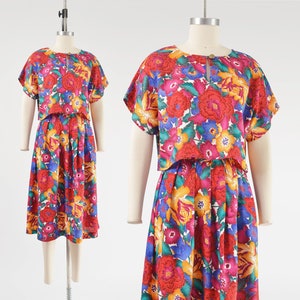 Floral Skirt and Crop Top Set size Medium | Vintage 80s Cropped Blouse Full Pleated Skirt Two Piece Dress 30 waist