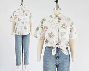 White Botanical Floral Shirt 90s Vintage Romantic Cottage Cotton Collared Button Down Oversized Shirt size S M