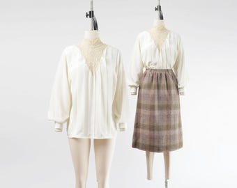 Vintage 80s White Sheer Lace Romantic Victorian Blouse size S