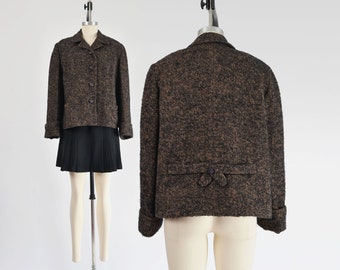 Tweed Wool Jacket 60s Vintage Brown and Black Boxy Jacket with Bow Tie at Back size Large