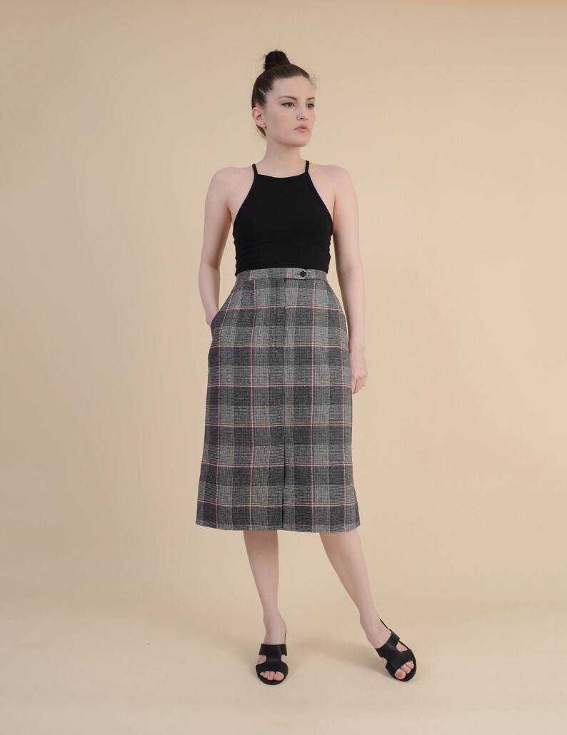 Wool Blend High Waist Pencil Skirt with Pockets Gray Black Red Vintage 70s Checkered Plaid Pencil Skirt size S M 6 8