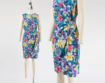 Tropical Floral Dress 90s Vintage 100% Silk Wrap Around Sarong Skirt Tie Waist Sheath Dress size S M