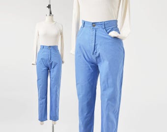 Calça vintage dos anos 80, azul, de algodão, cintura alta e pernas afuniladas, tamanho M (cintura 28).