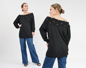 Black Off Shoulder Sweater 90s Vintage Pearl Beaded Studded Cotton Knit Top size M