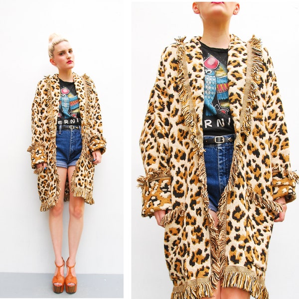 80s 90s Oversized Jacket - Leopard Tapestry Blanket Jacket - Long Animal Print Coat - Fringed Slouch  Jacket - OS S M L XL