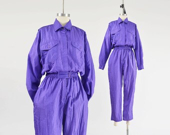 Purple Windbreaker Jumpsuit 80s Vintage Collared Button Down High Waisted Pantsuit Jumper XS S