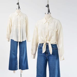 Cream Floral Blouse size S M | Vintage 90s Collared Button Down Long Sleeve Off White Shirt