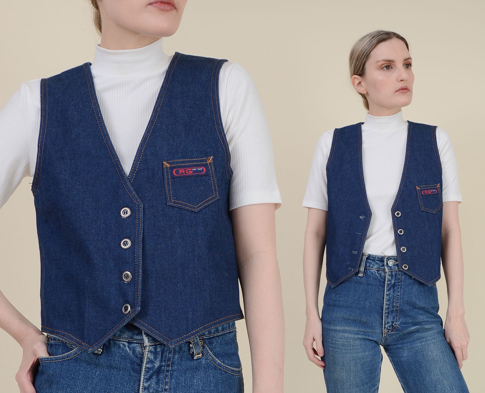 Vintage 70s Denim Vest Dark Wash Blue Jean Vest Button Etsy