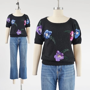 Black Floral Beaded Sweater size S M | Vintage 80s Soft Silk Angora Lambswool Short Sleeve Knit Top
