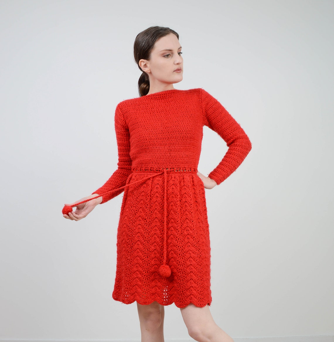 Vintage Red Crochet Dress Semi Sheer Hand Knit Sweater Dress Etsy