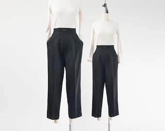 Pantalones de lana negros de talle alto estilo años 80 con ribete de cuero / Pantalones plisados cónicos de corte gótico vanguardista vintage talla M 28