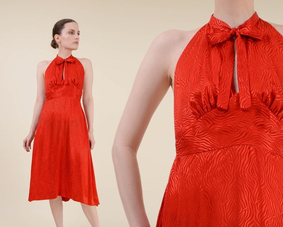 red satin halter neck dress