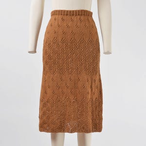 Skirt view of Vintage 70s brown hand knit sweater and skirt set.