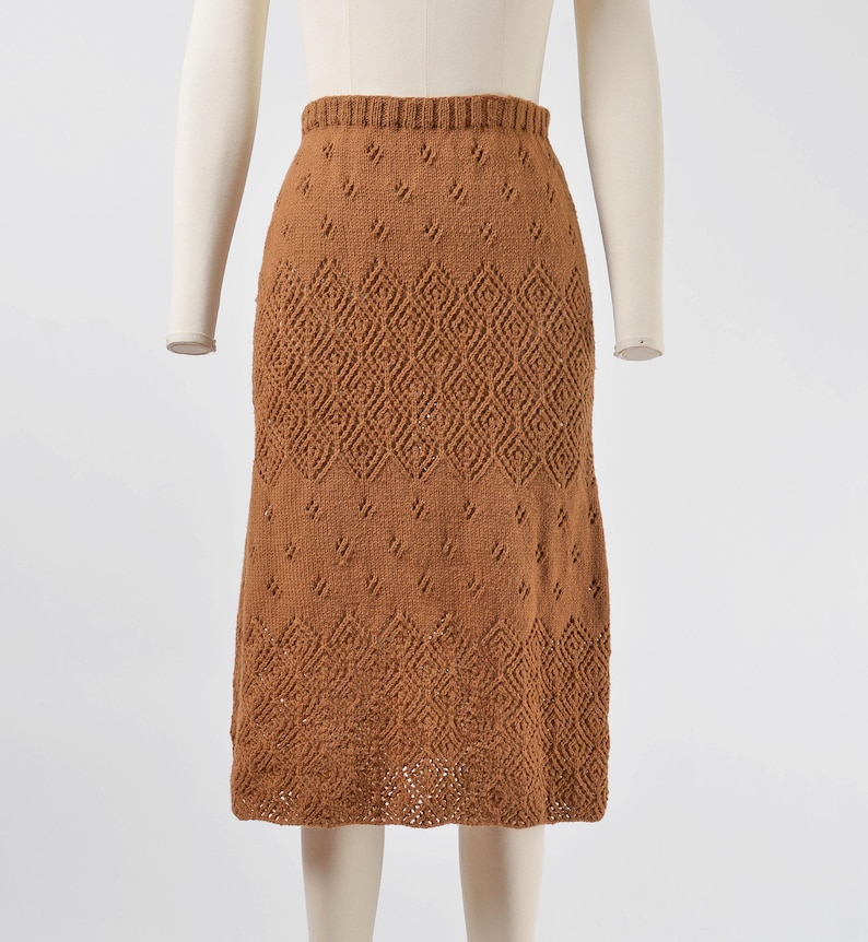 Skirt view of Vintage 70s brown hand knit sweater and skirt set.