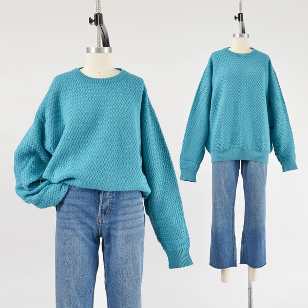 Blue Merino Wool Sweater 90s Vintage Crewneck Pullover Gender Neutral Boyfriend Sweater L XL