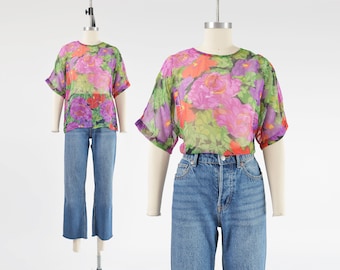 Colorful Sheer Chiffon Floral Top 80s Vintage Dolman Sleeve Blouse Purple Red Green Deadstock size Small