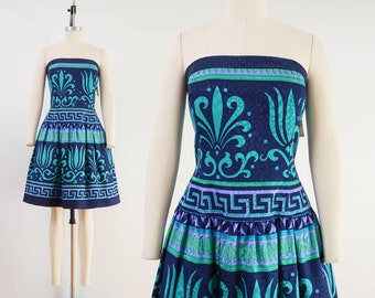 Strapless Party Dress | 80s 90s Vintage Silk Dress Drop Waist Full Skirt AJ Bari Dress Navy Turquoise