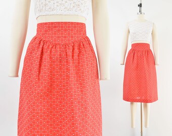 Plaid Dotted Swiss Cotton Skirt | Pierre Cardin 70s Vintage Red and White Midi Skirt with Pockets size S 27 waist