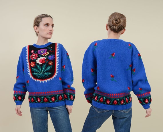Vintage 80s Blue Floral Sweater | Wool Hand Knit S
