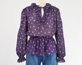 Vintage Lila Schiere Bluse Polka Dot Schößchen Top 80er Jahre Rüschen Kragen Schlüsselloch Ausschnitt Retro Romantisches Bischof Ärmel Top Gr S M
