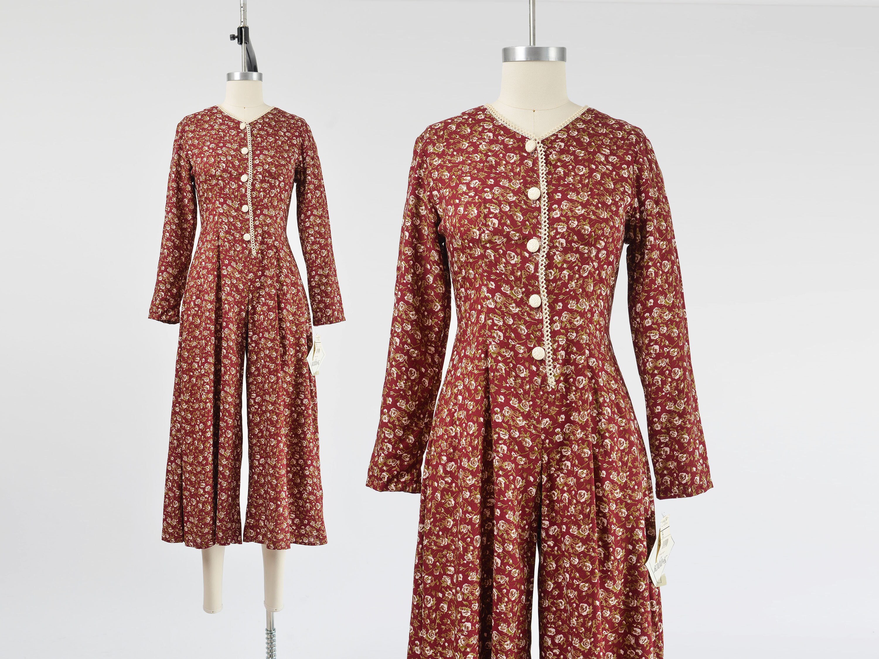 Burgundy Floral Jumpsuit size XS | Vintage 90s Long Sleeve Lace Up Corset Back Jumpsuit Wide Leg Cropped Pant Jumper