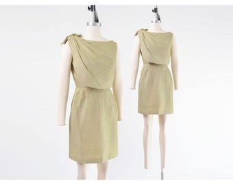 60s Metallic Cocktail Dress size XS | Vintage Gold and Silver Draped Wiggle Dress Mod Party Dress with Bow