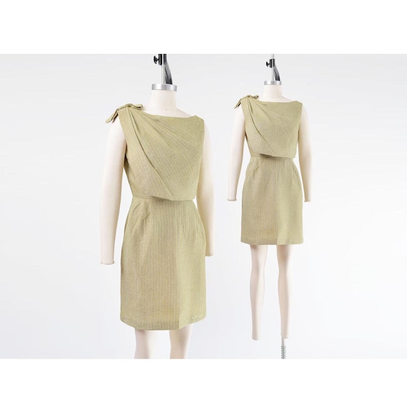 60s Metallic Cocktail Dress size XS | Vintage Gold and Silver Draped Wiggle Dress Mod Party Dress with Bow