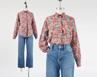 Red Paisley Floral Blouse 80s Vintage Collared Button Down Boho Cottagecore Long Sleeve Shirt size XS S