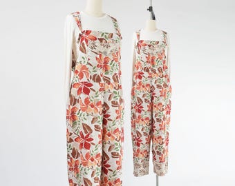 90s Floral Overalls size Large | Vintage Beaded Leaf Hem Bib Dungarees | Cottagecore Boho Wide Leg Jumpsuit