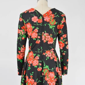 Black Floral Maxi Dress 70s Vintage Mod Long Sleeve Fit and Flare Formal Party Dress Pink Green size M image 8